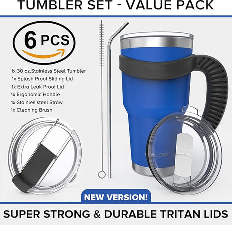 Stainless Steel Travel Mug with Handle 30 oz - 6 Piece Set. Tumbler with Handle, Straw, Cleaning Brush & 2 Lids. Double Wall Insulated Large Coffee Mug Bundle - Royal Blue Powder Coat Tumbler