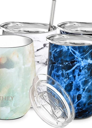 THILY Stainless Steel Stemless Wine Tumbler 4 Pack Vacuum Insulated Travel Wine Glasses with Sliding Lids and Straws, 12 oz, Keep Cold for Juice, Coffee, Beer, Marble Series