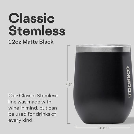 Corkcicle Stemless Wine Tumbler - Keeps Drinks Cold for 6 Hours - Triple-Insulated Stainless Steel - Non-Slip Base - Summer Drinkware Gift - Keeps Drinks Ice Cold - 12 oz - Matte Black