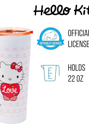 Silver Buffalo Hello Kitty Heart Balloons Double Walled Stainless Steel Tumbler with Straw, 22 Ounces