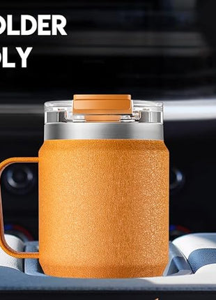 Meoky 24oz Travel Mug, Triple Insulated Stainless Steel Tumbler with Handle and 2-in-1 Straw and Sip Lid, 100% Leak Proof, Keeps Cold for 24 Hours or Hot for 8 Hours, Cupholder Friendly (Maple)