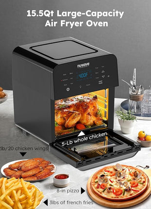 Nuwave Brio Air Fryer Oven, 15.5Qt X-Large Family Size, SS Rotisserie Basket &Skewer-Kit, Reversible Ultra Non-Stick Grill/Griddle Plate, Powerful 1800W, Integrated Smart Thermometer,Black