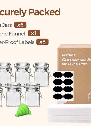 ComSaf 4 oz Glass Jars with Lid, Set of 6 Mini Airtight Glass Jars, Spice Jars, Small Mason Jar, Canning Jar Square with Seal Wire Clip Fastening, Labels & Funnels for Jam, Honey, Kitchen, Wedding