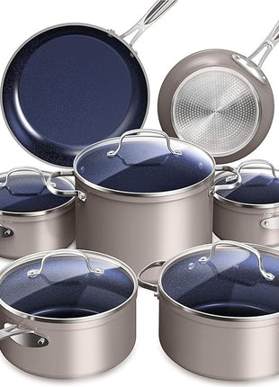 Nuwave Healthy Duralon Blue Ceramic Nonstick Cookware Set, Diamond Infused Scratch-Resistant, PFAS Free, Dishwasher & Oven Safe, Induction Ready & Evenly Heats, Tempered Glass Lids & Stay-Cool Handles