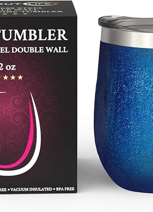 CHILLOUT LIFE 12 oz Stainless Steel Wine Tumbler with Lid - Double Wall Vacuum Insulated Wine Cup Glass Keeping Cold & Hot for Coffee, Champagne, Cocktails, Ice Cream - Blue Sparkle