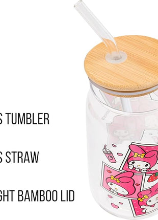 Silver Buffalo Sanrio Hello Kitty and Friends My Melody Polaroids Glass Jar Tumbler with Bamboo Lid and Glass Straw, 16 Ounces