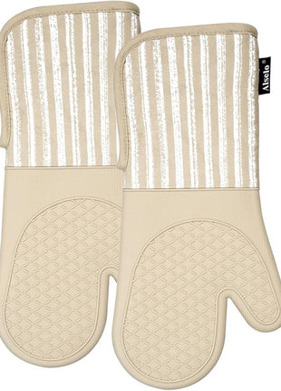Silicone Oven Mitts Heat Resistant 932℉ with Waterproof & Non-Slip Kitchen Mittens, Set of 2 Extra Long Oven Gloves with Soft Cotton Terry Lining for Baking Cooking Barbecue (Khaki, 2)