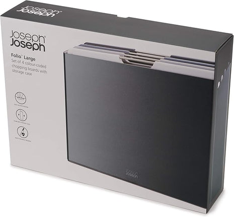Joseph Joseph Folio 4-Piece Colour coded Cutting Board Set, Slimline case for organized Kitchen storage, Graphite