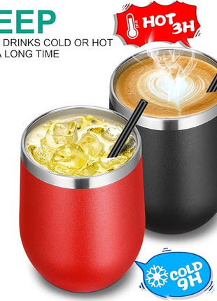 VEGOND 12oz Stainless Steel Wine Tumbler with Lid and Straw, Double Wall Vacuum Insulated Stemless Wine Glass Tumbler Cup, Coffee Mug for Cold Hot Drinks