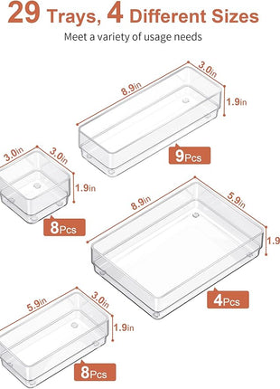 SMARTAKE 29-Piece Drawer Organizer with Non-Slip Silicone Pads, 4-Size Desk Drawer Organizer Trays Storage Tray for Makeup, Jewelries, Utensils in Bedroom Dresser, Office and Kitchen (Clear)