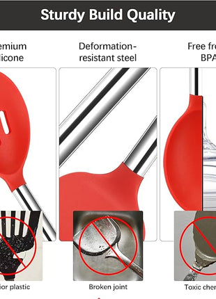 Silicone Spatula Spoon Set, 4 PCS Silicone Cooking Utensils Spatula Spoon Set with Stainless Steel Handle, BPA Free Kitchen Turners for Frying, Mixing, Serving, Draining, Turning, Stirring, Red