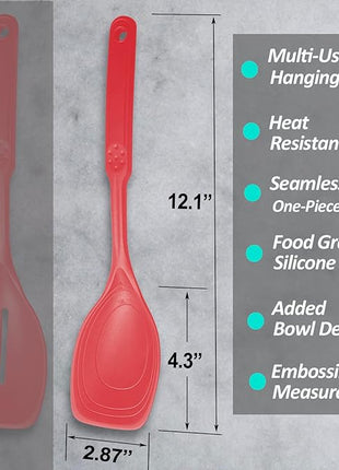 Large Silicone Cooking Spoon, Non-Stick Solid Spoon set with Deep Bolw and Measurement Mark for Mixing, Serving, Draining, Scooping, Scraping, Heat Resistant Kitchen Utensils, Red