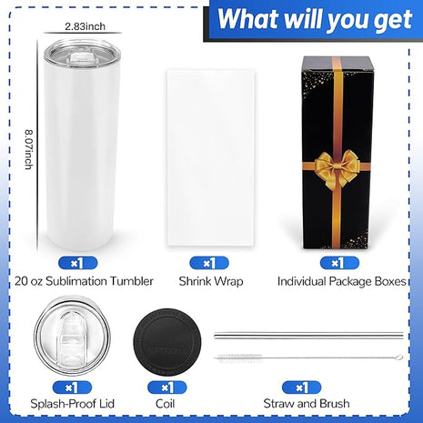 Joyclub Sublimation Tumblers Blanks 20 oz Skinny Straight Tumblers Bulk Stainless Steel Insulated Sublimation Cups with Lids and Straw, Gift Box