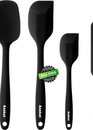 Anaeat 4 Piece Silicone Spatula Set - Seamless One-Pieces Design - Non Stick Rubber Spatulas Kitchen Scraper for Baking, Cooking, Scraping & Mixing, Heat Resistant & BPA Free & Dishwasher Safe (Black)