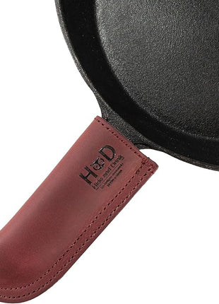 Hide & Drink, Full Grain Leather Hot Handle, Cast Iron Protector, Panhandle Potholder, Double Layered, Double Stitched, Slides On/Off Easily onto Metal Skillet Grips, Handmade, Sangria