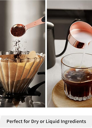 Joyhill Copper Measuring Cups and Spoons Set of 10 Piece, Stainless Steel Nesting Measuring Cup Set with Soft Touch Silicone Handles for Dry and Liquid Ingredients