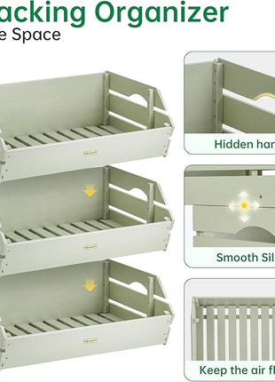 HABAU Wood Potato Onion Storage Bins - Wooden Stackable Produce Basket - Fruit Vegetable Storage for Kitchen Pantry Organization, Set 3 Pieces