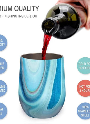 CHILLOUT LIFE 12 oz Stainless Steel Wine Tumblers 2 Pack & 1 Insulated Wine Bottle - Double Wall Vacuum Insulated Wine Glasses Cups with Lids and Straws Set Keeping Cold & Hot Gift Set