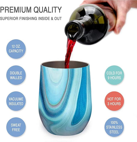 CHILLOUT LIFE 12 oz Stainless Steel Wine Tumblers 2 Pack - Double Wall Vacuum Insulated Wine Glasses Cups with Lids and Straws Set Keeping Cold & Hot for Coffee, Beer, Ice Cream - Ocean Marble Pattern