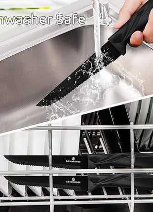 G.a HOMEFAVOR Steak Knife Set: 8-Piece Stainless Steel Sharp Serrated Knives Set for Kitchen, Full Black