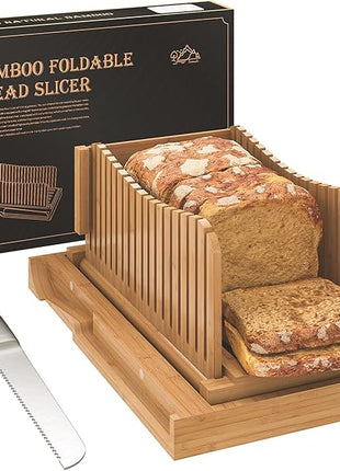 Bamboo Bread Slicer with Serrated Knife, Adjustable Guide for 3 Thickness Sizes, Foldable Chopping Board with Crumb Tray, Great for Homemade Bread, Cakes, Bagels