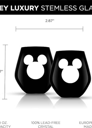 JoyJolt Disney Luxury Mickey Mouse Stemless Wine Glasses Set. 2x European Crystal Glass Drinking Glasses. Premium Xmas Stuff, Gifts and Cups. 20oz Black Wine Glass, Disney Wine Glass