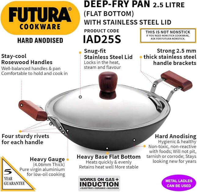 Hawkins Futura 2.5 Litre Deep Fry Pan, Hard Anodised Kadai with Stainless Steel Lid, Flat Bottom Induction Kadhai, Black (IAD25S)