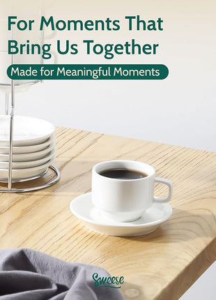 Sweese Porcelain Espresso Cups Set, 4 oz Stackable Cups with Saucers Metal Stand, Set of 4, White