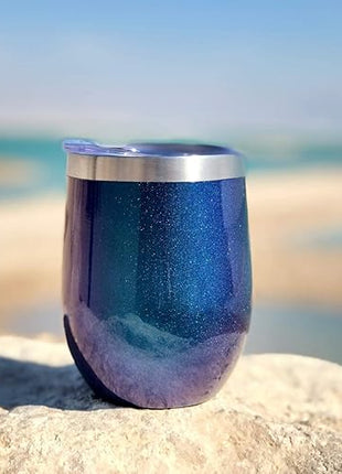 CHILLOUT LIFE 12 oz Stainless Steel Wine Tumblers 2 Pack - Double Wall Vacuum Insulated Wine Glasses Cups with Lids and Straws Set Keeping Cold & Hot for Coffee, Beer, Ice Cream - Blue Sparkle