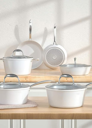 COOKSMARK Nonstick Ceramic Cookware Set, Induction & Dishwasher Safe Scratch-Resistant Pots and Pans Set with Glass Lids 10 Pieces, White