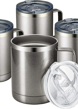 MEWAY 12oz Coffee Mug With Handle 4 Pack Bulk,Stainless Steel Insulated Travel Tumblers With Sliding Lid,Double Wall Vacuum Camping Cup for Hot & Cold Drinks Tea (Cold Grey,Set of 4)