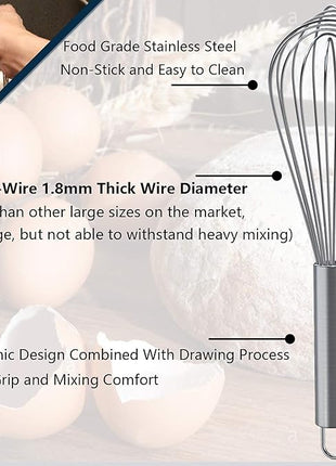 Whisks for Cooking, 3 Pack Stainless Steel Whisk for Blending, Whisking, Beating and Stirring, Enhanced Version Balloon Wire Whisk Set, 8"+10"+12"
