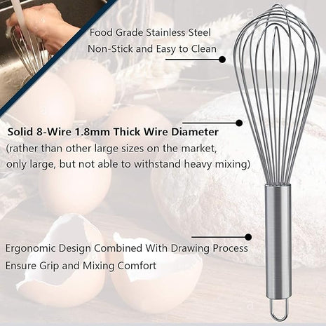 Whisks for Cooking, 3 Pack Stainless Steel Whisk for Blending, Whisking, Beating and Stirring, Enhanced Version Balloon Wire Whisk Set, 8"+10"+12"