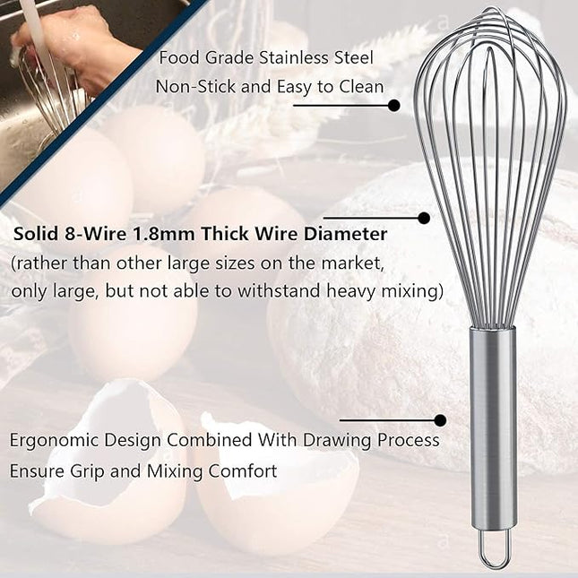 Whisks for Cooking, 3 Pack Stainless Steel Whisk for Blending, Whisking, Beating and Stirring, Enhanced Version Balloon Wire Whisk Set, 8"+10"+12"