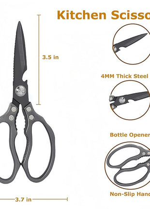 AWinjoy Heavy Duty Sharp Kitchen Scissors - Dishwasher Safe Black Cooking Shears for Meat, Chicken, Fish, Poultry, Herb, Bread (All Black)