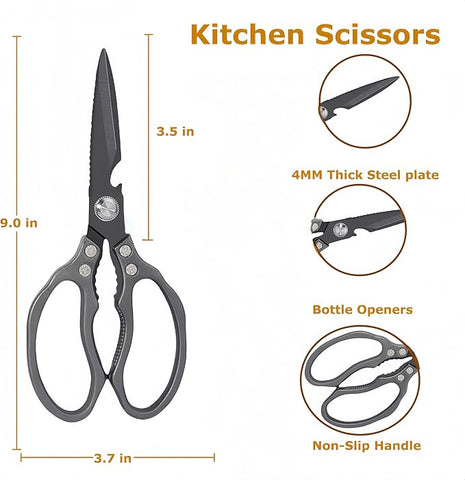 AWinjoy Heavy Duty Sharp Kitchen Scissors - Dishwasher Safe Black Cooking Shears for Meat, Chicken, Fish, Poultry, Herb, Bread (All Black)
