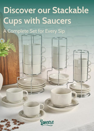 Sweese Porcelain Espresso Cups Set, 2.5 oz, with Saucers, Metal Stand, Stackable - Dove Grey, 4 Pack