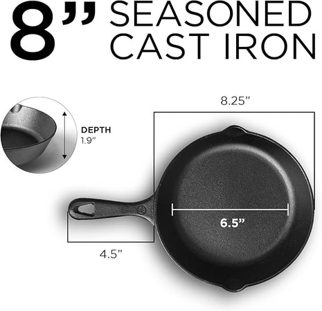 Commercial CHEF Pre-Seasoned Cast Iron Skillet with Removable Silicone Handle, 8-Inch Cast Iron Panst Iron Pan