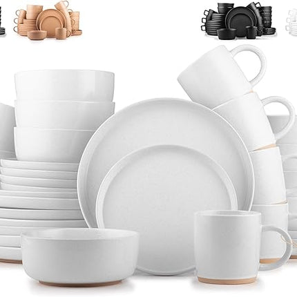 Zulay Kitchen Terra Stoneware 32-Piece Dinnerware Set, Artisanal Ceramic Plates and Bowls Set Crafted at 2300℉ - Service for 8, Speckled White