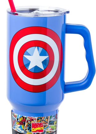 Silver Buffalo Marvel Captain America Shield Stainless Steel Tumbler with Handle and Straw, Fits in Standard Cup Holder, 40 Ounces