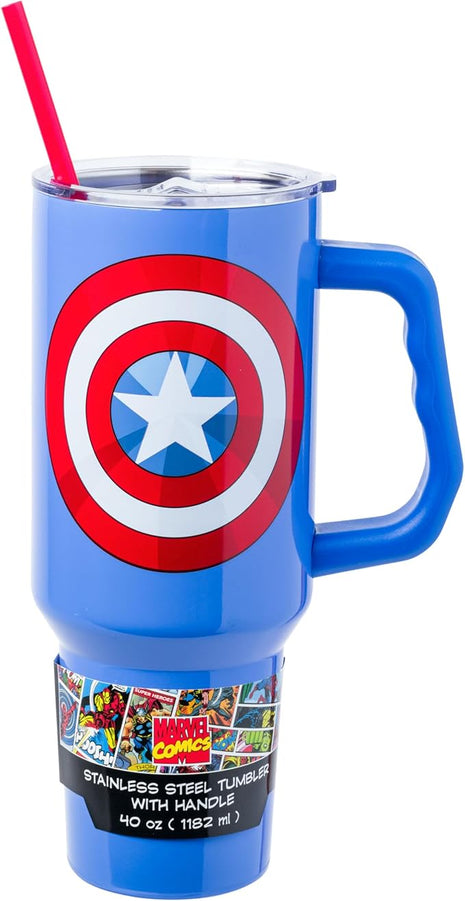 Silver Buffalo Marvel Captain America Shield Stainless Steel Tumbler with Handle and Straw, Fits in Standard Cup Holder, 40 Ounces