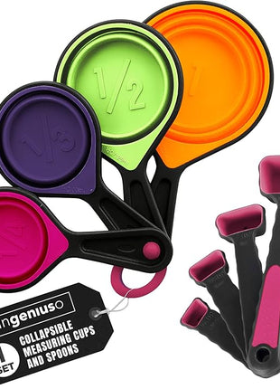 Collapsible Measuring Cups and Nesting Spoons - Adjustable Silicone for Cooking, used for Liquid and Dry Kitchen Items - Portable Portion Control, Dog Food, Kids, Travel, Camper, Space-Saving - 1 Set