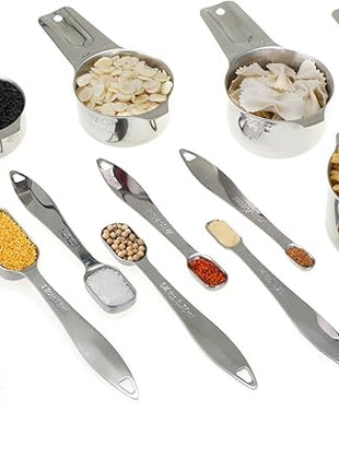 13-piece Measuring Cups and Spoons Set, 18/8 Stainless Steel Heavy Duty Ergonomic Handle with Ring Connector, Silver