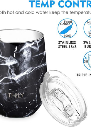 THILY Wine Tumbler Stainless Steel Insulated Stemless Wine Glass with Lid and Straw, Travel Cup Keep Cold for Coffee, Cocktails, Black Marble