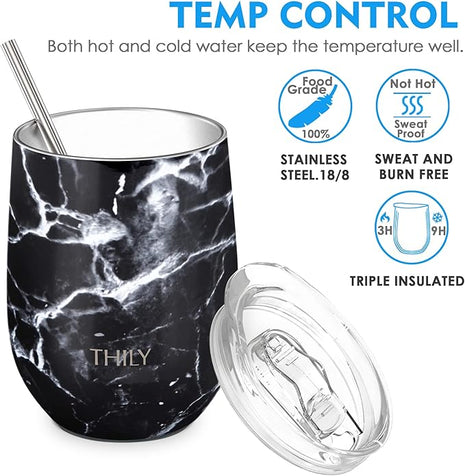 THILY Wine Tumbler Stainless Steel Insulated Stemless Wine Glass with Lid and Straw, Travel Cup Keep Cold for Coffee, Cocktails, Black Marble