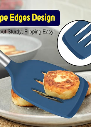 HOTEC Silicone Spatula Set of 2 Heat-Resistant 600°F & BPA-Free Kitchen SaptulaTurner with Stainless Steel Handles, Slotted & Solid Spatulas for Nonstick Cookware, 13.7 Inch, Classic Blue