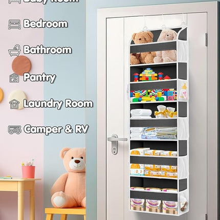 1 Pack Over The Door Organizer Storage, Hanging Organizer Closet with 5 Large Pockets 10 Mesh Pockets, 44 lbs Weight Capacity, Behind Door Storage for Nursery Bedroom Bathroom (Dark Grey)