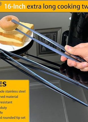 JETKONG 2 Pcs 16-Inch Heavy Duty Cooking Tweezers Extra Long Stainless Steel Kitchen Tweezers Large Plating Tongs (Navy Blue)