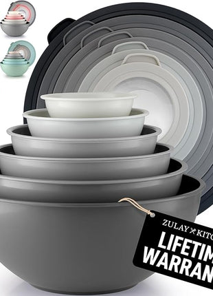 Zulay Kitchen 12 Piece Plastic Nesting Mixing Bowls with Lids - Colorful Microwave & Freezer Safe Gray Ombre Set