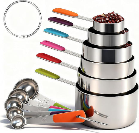 Measuring Cups and Spoons Set Stainless Steel 11 Piece for Cooking and Baking (6 Cups + 5 Spoons, Colorful Handles)
